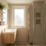 Baño pequeño organizado con almacenamiento funcional y superficies despejadas