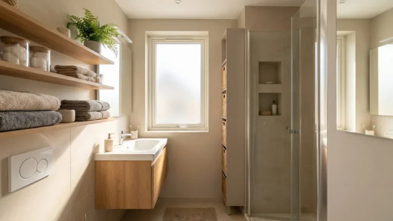 Baño pequeño organizado con almacenamiento funcional y superficies despejadas