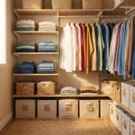 Clóset pequeño organizado con ropa doblada y almacenamiento funcional