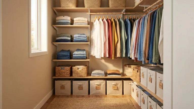 Clóset pequeño organizado con ropa doblada y almacenamiento funcional