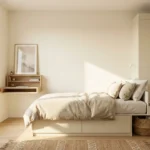 Dormitorio pequeño organizado con almacenamiento funcional y ambiente despejado