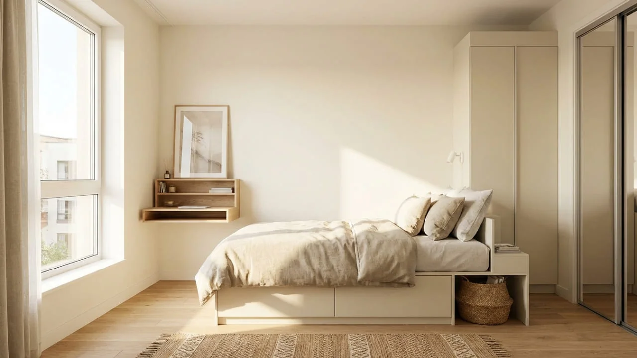 Dormitorio pequeño organizado con almacenamiento funcional y ambiente despejado