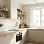 Cocina pequeña organizada con almacenamiento funcional y encimera despejada