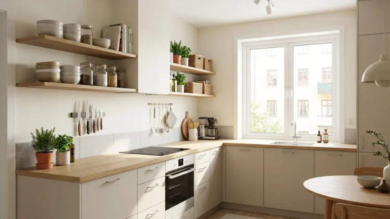 Cocina pequeña organizada con almacenamiento funcional y encimera despejada