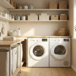 Lavandería pequeña organizada con almacenamiento funcional y zona de lavado despejada