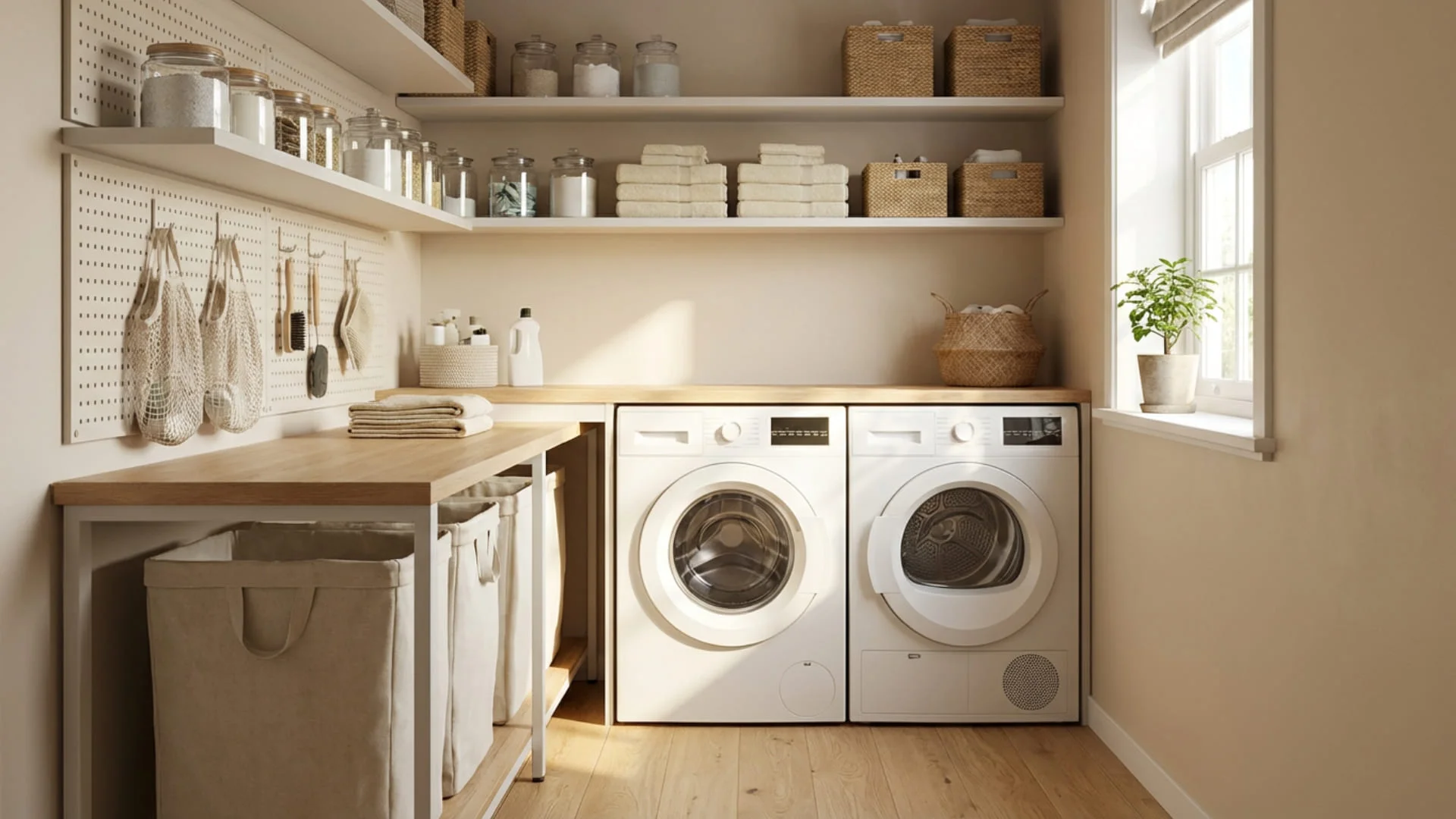 Lavandería pequeña organizada con almacenamiento funcional y zona de lavado despejada