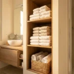 Toallas guardadas de forma ordenada en un baño pequeño con almacenamiento funcional