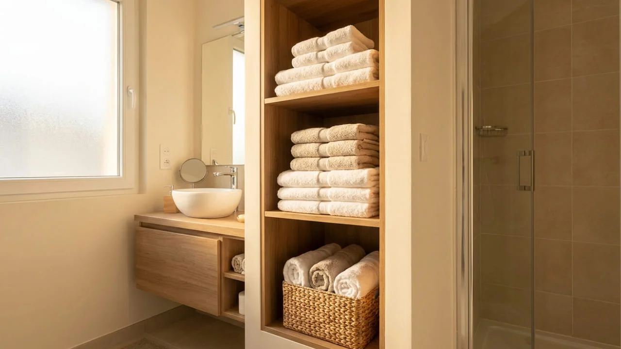 Toallas guardadas de forma ordenada en un baño pequeño con almacenamiento funcional