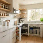 Cocina pequeña sin alacena organizada con frascos, repisas y almacenamiento funcional