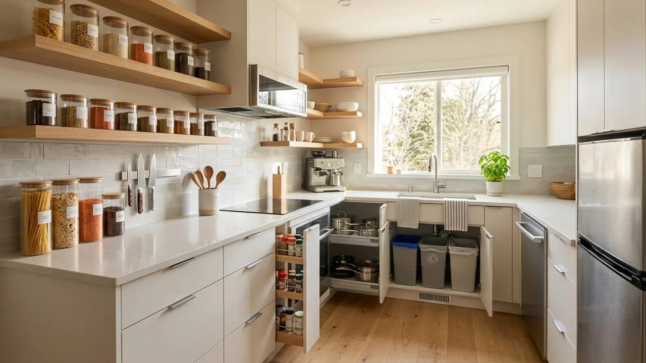 Cocina pequeña sin alacena organizada con frascos, repisas y almacenamiento funcional