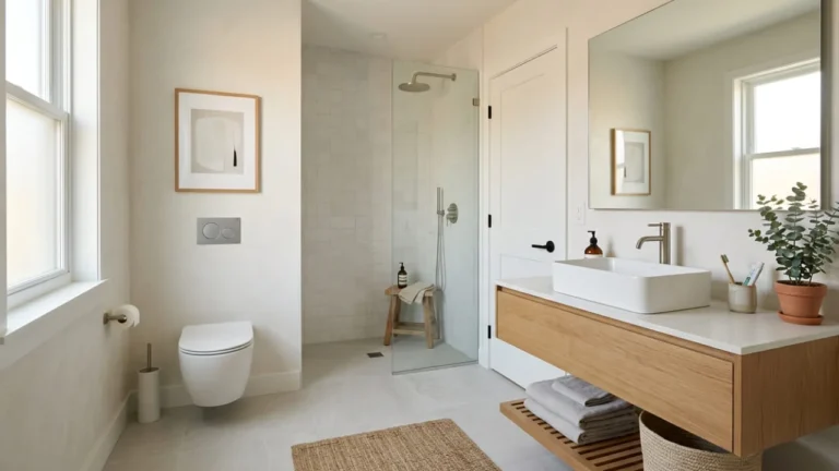 Baño pequeño decorado de forma limpia y equilibrada, con pocos elementos visibles