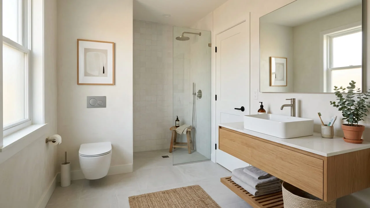 Baño pequeño decorado de forma limpia y equilibrada, con pocos elementos visibles