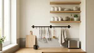 Cocina pequeña con estantes, rieles y organizadores de pared para ganar espacio