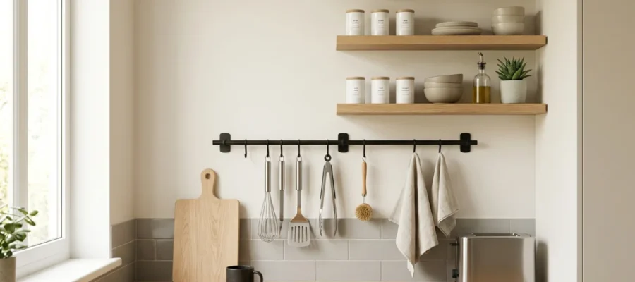 Cocina pequeña con estantes, rieles y organizadores de pared para ganar espacio