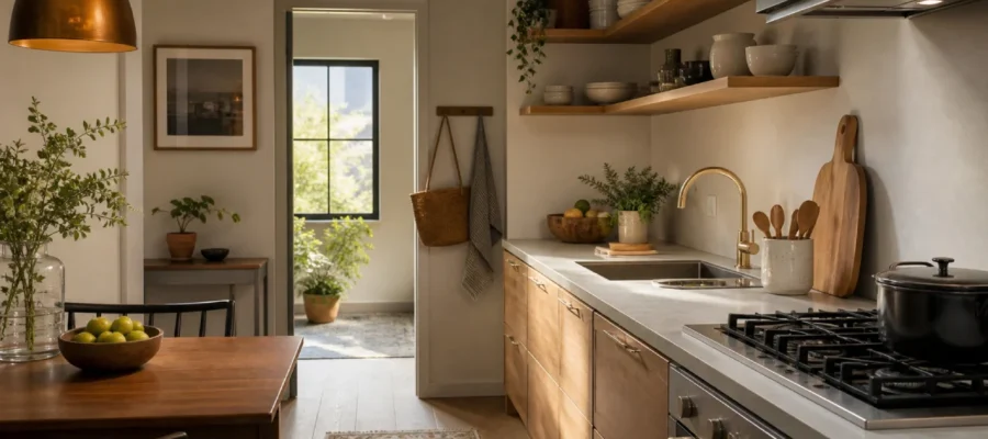 Cocina pequeña organizada con pocos muebles, estantes abiertos y encimera despejada