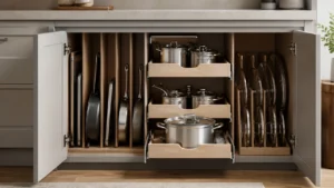 Ollas y sartenes ordenadas con separadores y soportes dentro de una cocina pequeña