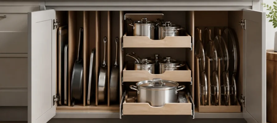 Ollas y sartenes ordenadas con separadores y soportes dentro de una cocina pequeña